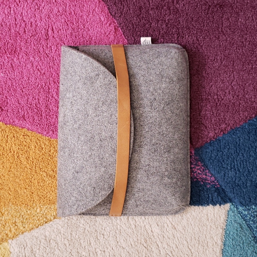 Gray Felt Travel Pouch with Tan Strap